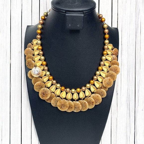Faux Pearl & Shell Statement Bib Estate Necklace Gold Rust Orange Cream 17"L - Picture 1 of 4